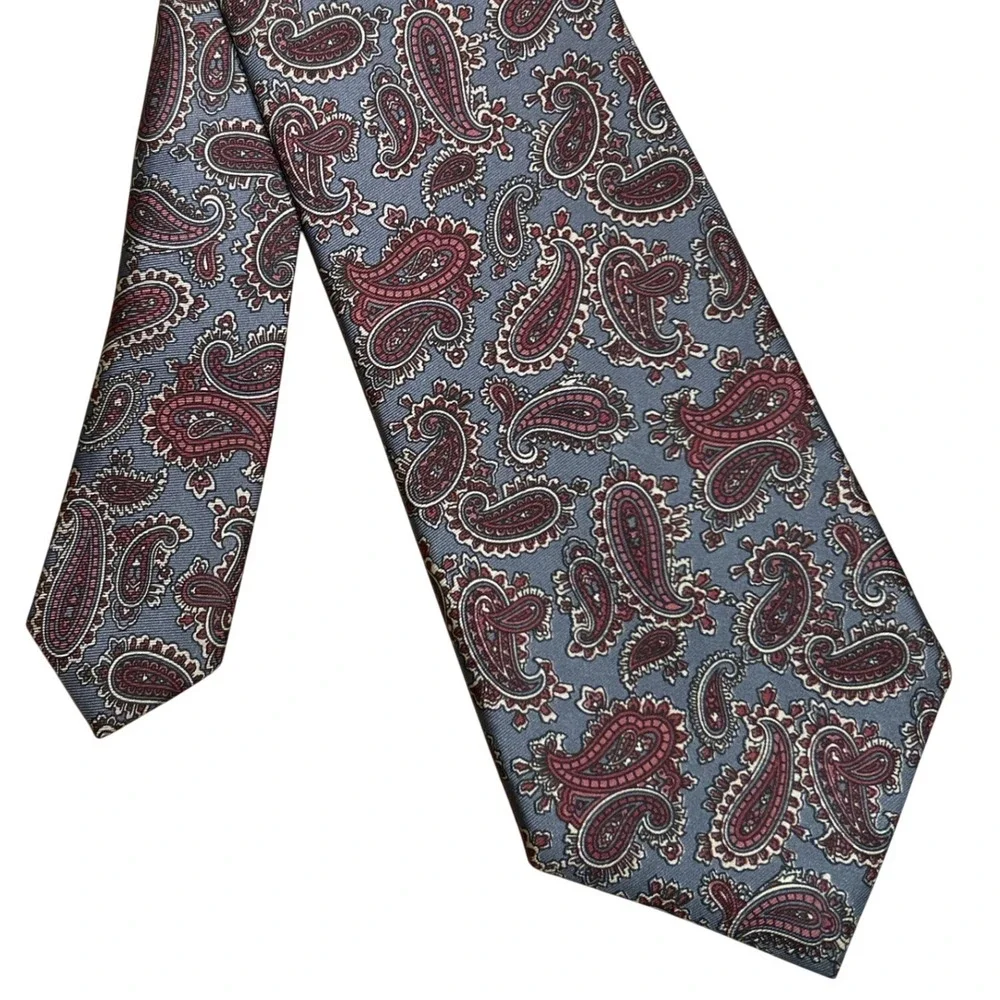 All Silk Milano Hand Made Paisley Print Necktie Blue-Gray Burgundy 55